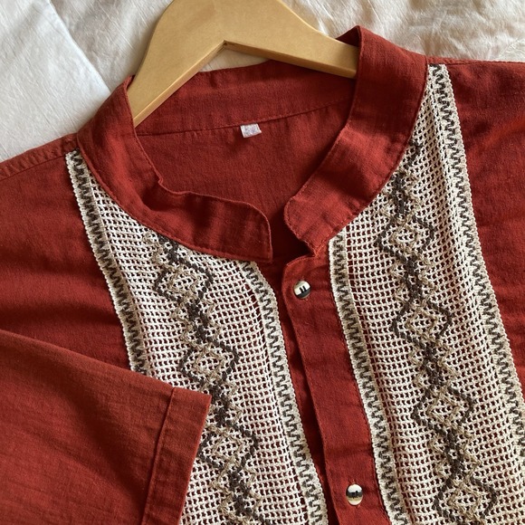 Guayabera Mexican Shirt Cotton Linen Mens 3X Brick Red Boho Embroidery Festival - Picture 4 of 13